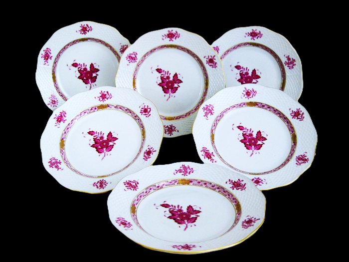 Herend - Tallerken - 6 Ontbijtborden - chinese Bouquet "patroon Apponyi Purple" Ø 205 cm - Porcelæn