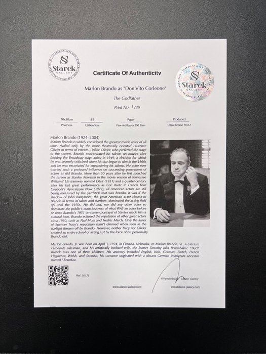 The Godfather -Marlon Brando as "Don Vito Corleone" - Fine Art Photography - Luxury Wooden Framed 70X50 cm - Limited Edition Nr 06 of 35 - Serial ID 20176 - Original Certificate (COA) Hologram Logo Editor and QR Code - 100% New items