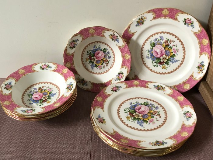 Royal Albert - serie "LADY CARLYLE" - Tallerken (12) - Bloemen deco goud accenten nieuwstaat 6platte6diepborden - Knogleporcelæn - Bone Chine porcelæn