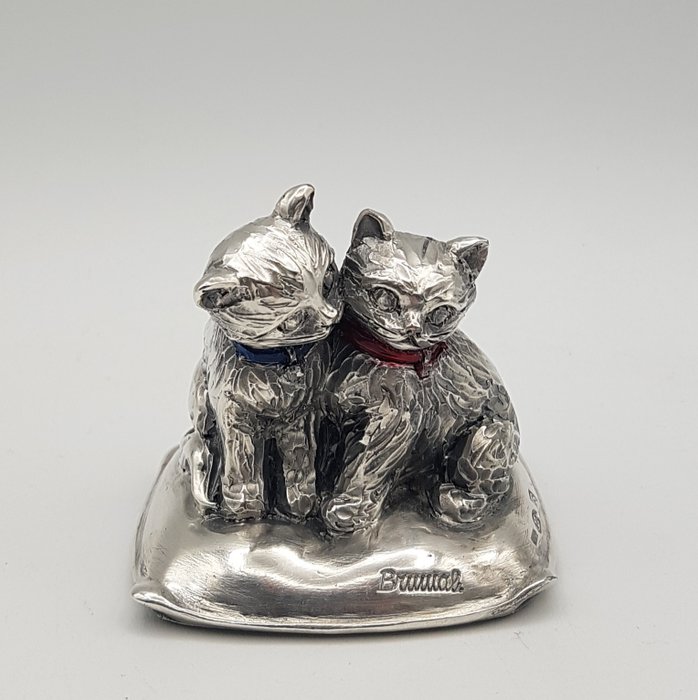 Coppia di gatti rivestiti in Argento 800 - Statuette - .800 sølv, Sølvbelagt