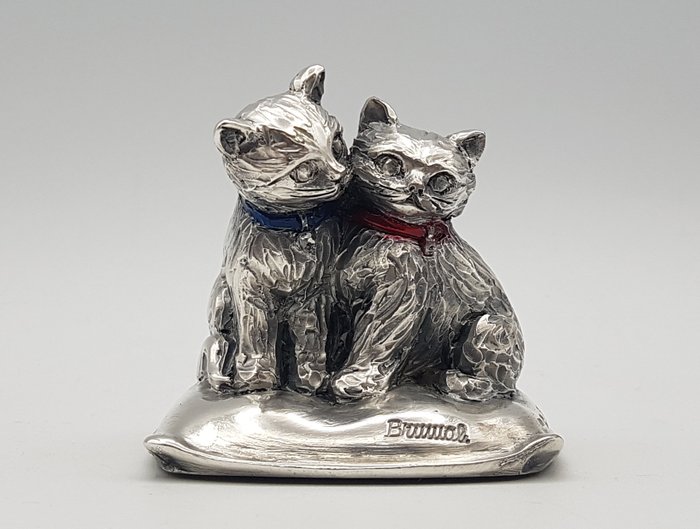 Coppia di gatti rivestiti in Argento 800 - Statuette - .800 sølv, Sølvbelagt