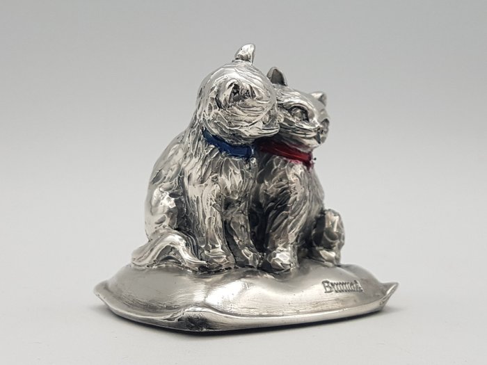 Coppia di gatti rivestiti in Argento 800 - Statuette - .800 sølv, Sølvbelagt