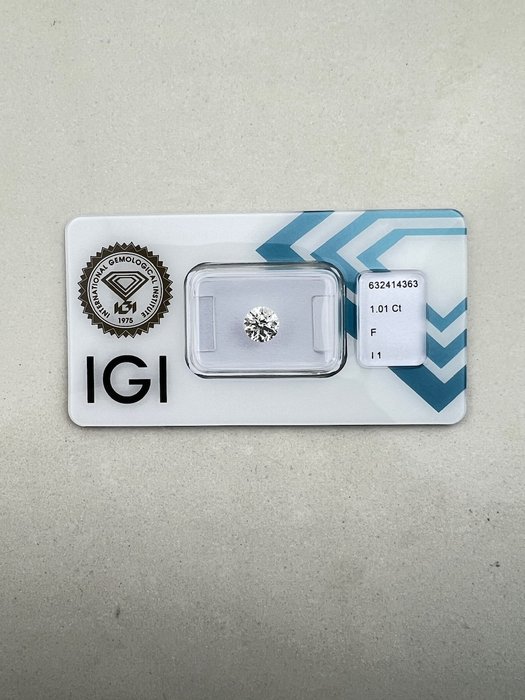 Ingen mindstepris - 1 pcs Diamant  (Natur)  - 1.01 ct - Rund - F - I1 - International Gemological Institute (IGI)