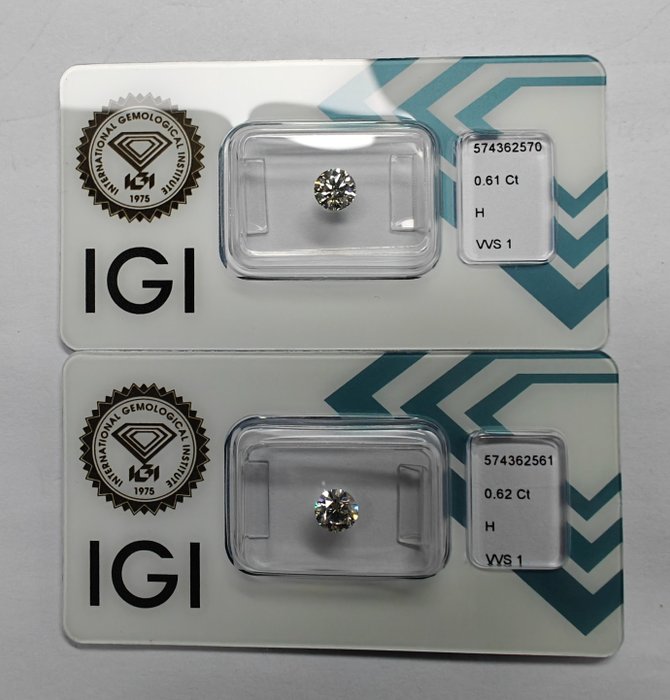 2 pcs Diamant  (Natur)  - 1.23 ct - Rund - H - VVS1 - International Gemological Institute (IGI)