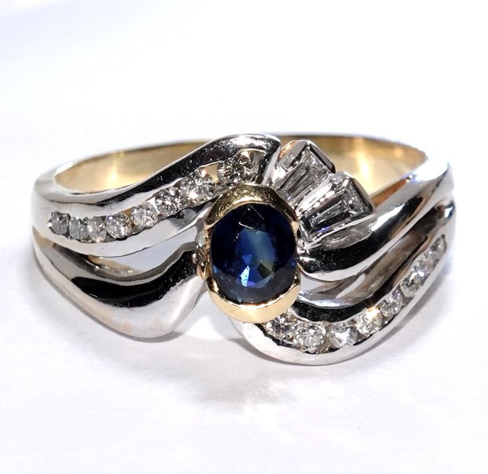 Ring - 18 kraat Gulguld Hvidguld -  081ct tw Safir - Diamant