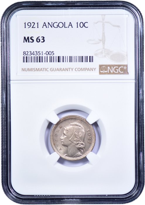 Portugisisk Angola. Republic. 10 Centavos 1921 - NGC - MS 63 - TOP GRADE - Rara