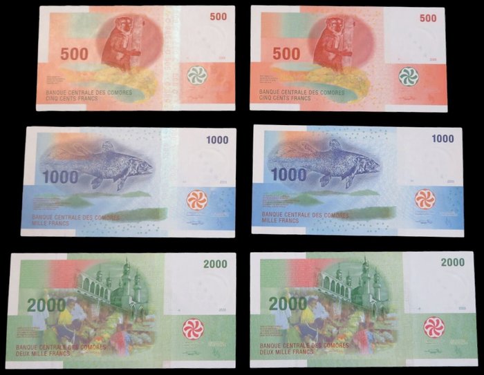 Comorerne - 2 x 500 1000 2000 Francs 2005-06  -  2 sets van 3 biljetten - Pick 15 16 17  (Ingen mindstepris)