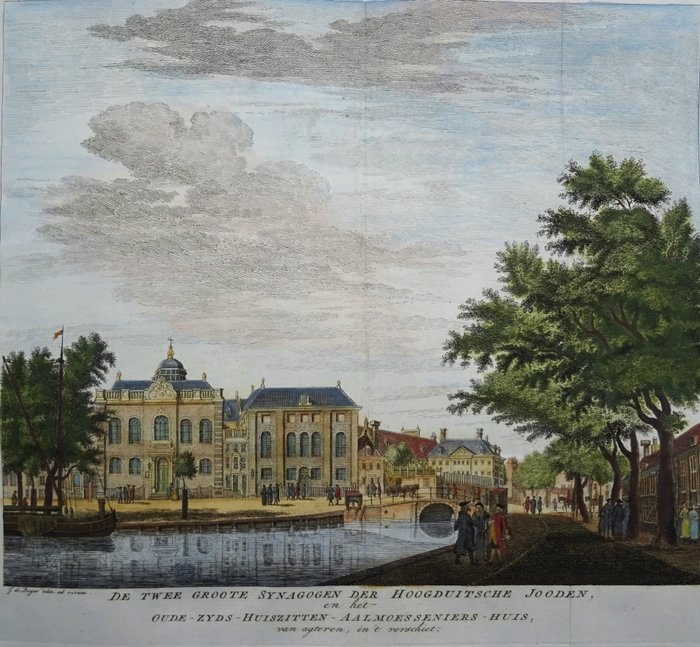 Holland - Amsterdam, Synagoger, Jonas Daniël Meijerplein; Wagenaar / Tirion - De twee groote Synagogen der Hoogduitsche Jooden en het Oudezijds Huiszitten-Aalmoesseniershuis - 1761-1780