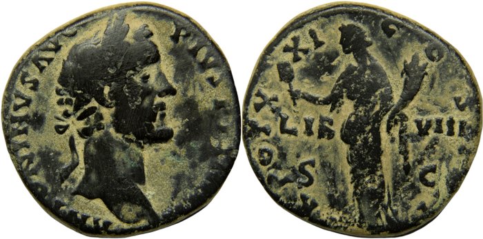 Romarriket Antoninus Pius (138-161 Sestertius Rome mint Struck 157 AD TR POT XX COS IIII LIB VII Liberalitas  (Ingen mindstepris)