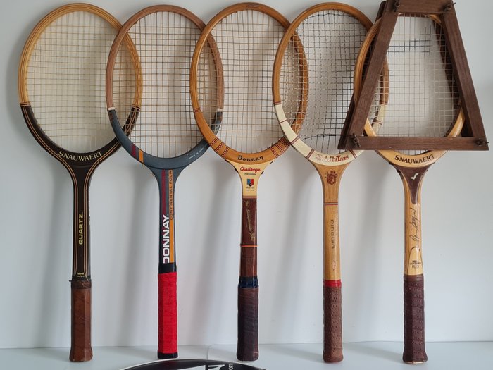 5 vintage houten tennisrackets: Snauwaert - Donnay - Pinguin - Tennis - Tennisketsjer