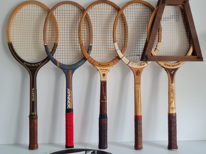 5 vintage houten tennisrackets: Snauwaert - Donnay - Pinguin - Tennis - Tennisketsjer