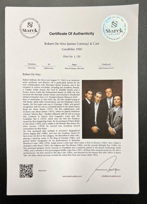 Goodfellas (1990) -Robert De Niro (James Conway)  Cast - Fine Art Photography - Luxury Wooden Framed 70X50 cm - Limited Edition Nr 05 of 30 - Serial ID 30241 - Original Certificate (COA), Hologram Logo Editor and QR Code - 100% New items.