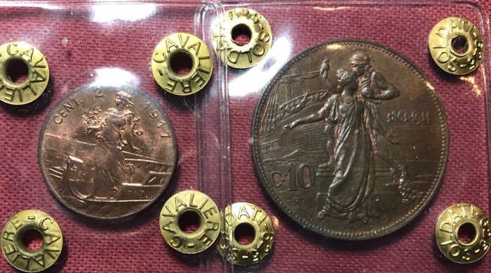 Italien, Kongeriget Italien. Vittorio Emanuele III di Savoia (1900-1946). Lotto 2 monete (10 Centesimi 1911 "Cinquantenario" + 2 Centesimi 1917 "Italia su Prora")  (Ingen mindstepris)