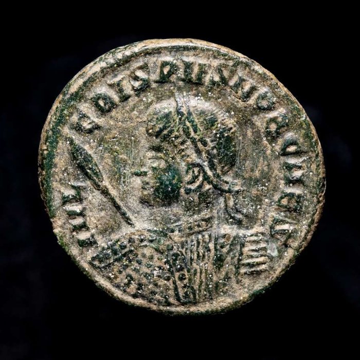 Romarriket. Crispus (AD 317-326). Follis Siscia mint. 316-326 AD. VIRTVS EXERCIT / BSIS✯ Vexillum inscribed VOT/X; bound captive to left and  (Ingen mindstepris)