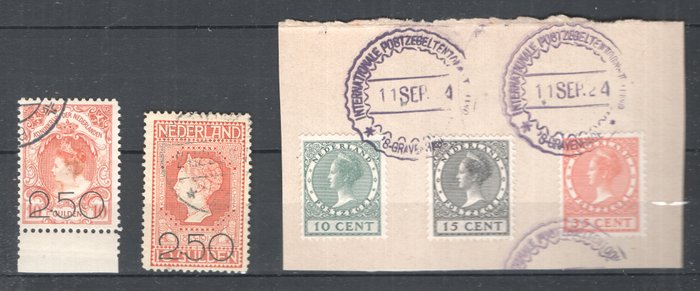 Holland 1920/1924 - Wilhelmina - Klareringsnummer med arkkant / Udstillingsstempler på brevstykke - NVPH 104/105 + NVPH 136/138