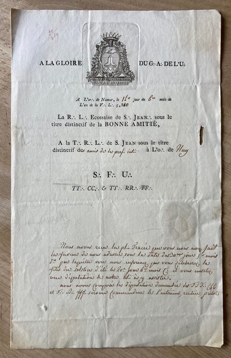 . - A la Gloire ... Ecossaise de S. Jean sous le titre distinctif de la Bonne Amitié - signed - 1810