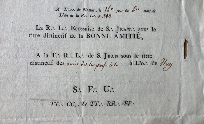 . - A la Gloire ... Ecossaise de S. Jean sous le titre distinctif de la Bonne Amitié - signed - 1810