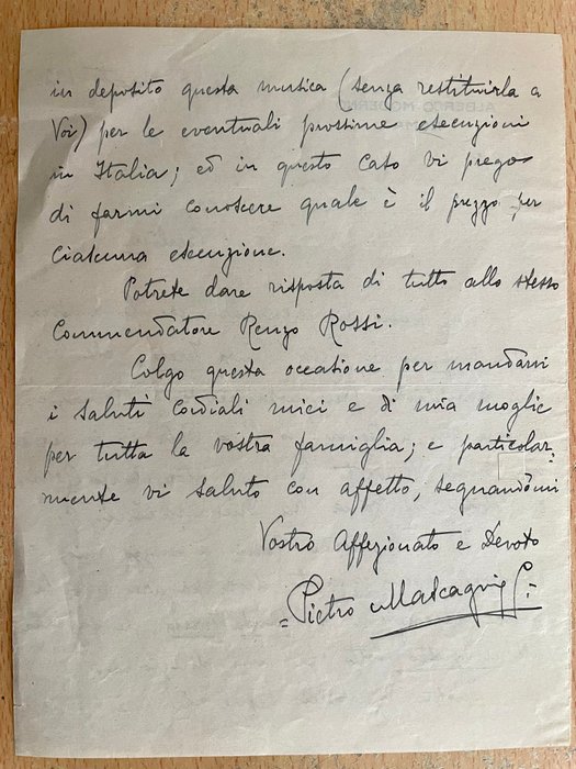 Pietro Mascagni - Handwritten  Signed Letter - 1926