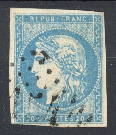 Frankrig 1870 - 20c blå - VG margineret - Type 1 rapport I - Margined  VG - Bedømmelse: €850 - Yvert 44A