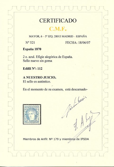 Spanien 1870 - 2 allegoriskjolde godt centreret nye med certifikat - Edifil 112