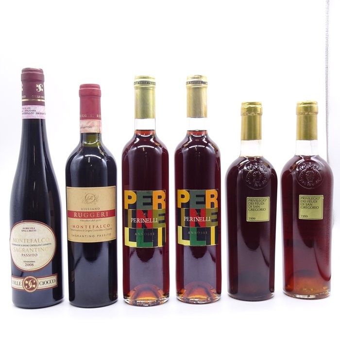 2008 Spacchetti Passito, 2005 x2 Ruggeri Passito, Perinelli Annosei x2  1999 x2 Feudi S.Gregorio - Campania, Lombardiet, Umbrien - 6 Jennies (0,5 L)