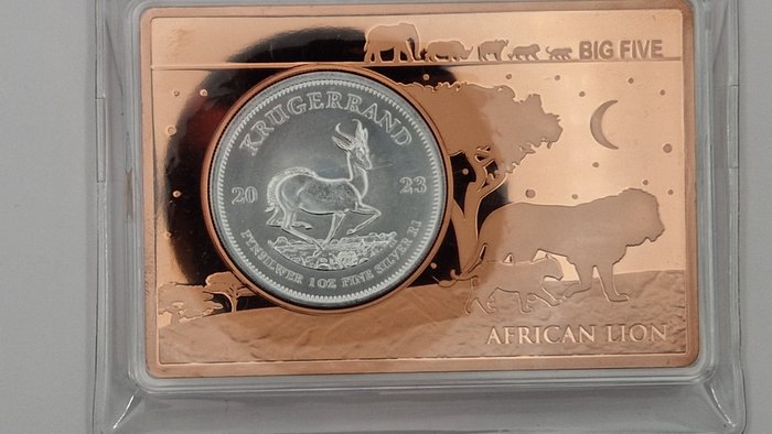 Sydafrika 1 Rand / Bar 2023 "50 Jahre Krügerrand-Löwe" 1 Oz Silver (999) + 3 Oz Kupferbarren  (Ingen mindstepris)