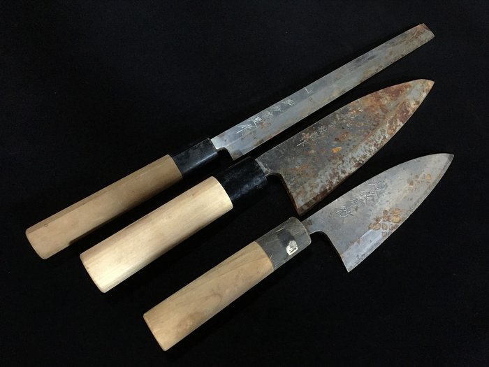 Set of 3 / Japanese Vintage Kitchen Knife / 蛸引 TAKOBIKI 出刃 DEBA - Bordkniv (3) - Stål, Træ