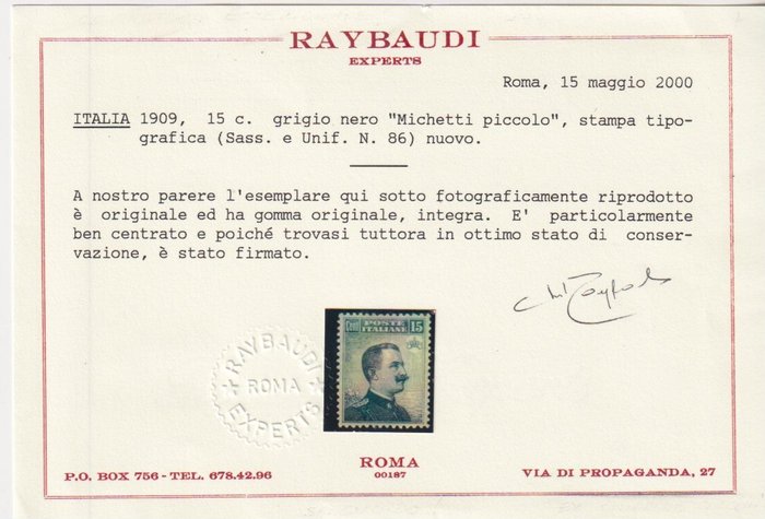 Italien Kongerige 1909 - Sassone 86 - Euro 3.750 - VEIII 15c rara perfetta centratura, certificato