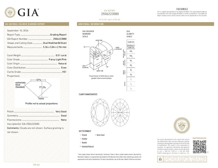 1 pcs Diamant  (Naturfarvet)  - 0.51 ct - Oval - Fancy light Lyserød - VS1 - Gemological Institute of America (GIA)