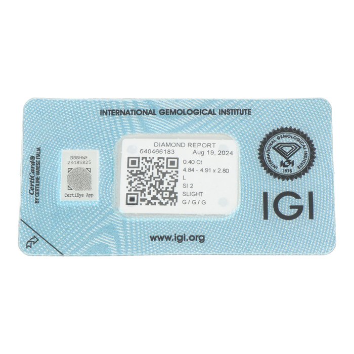 Ingen mindstepris - 1 pcs Diamant  (Natur)  - 0.40 ct - Rund - L - SI2 - International Gemological Institute (IGI)