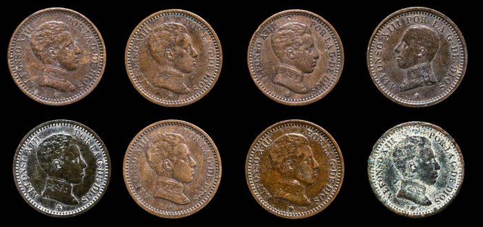 Spanien Alfonso XIII (1886-1931) 2 Céntimos 1904 y 1905 Lote de 8 monedas  (Ingen mindstepris)