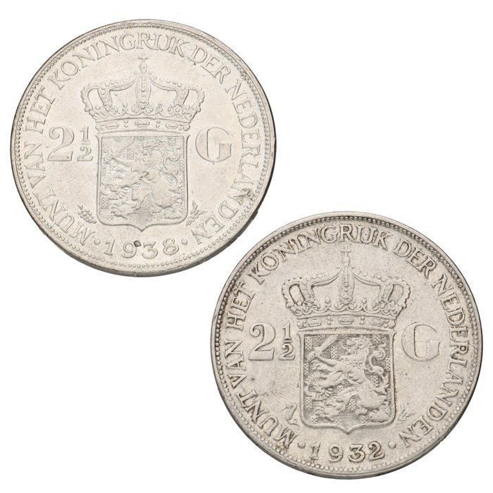 Holland. Wilhelmina (1890-1948). 2½ Gulden 1932/1938 - "Grofhaar" (2 stuks)  (Ingen mindstepris)