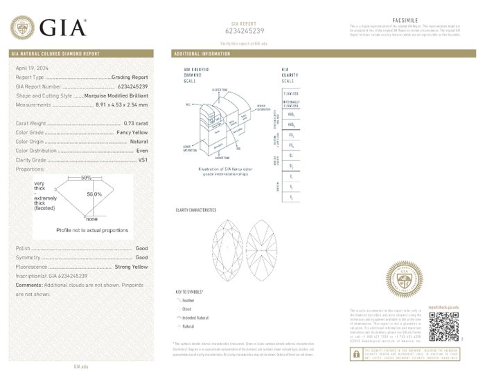 1 pcs Diamant  (Naturfarvet)  - 0.73 ct - Fancy Gul - VS1 - Gemological Institute of America (GIA)