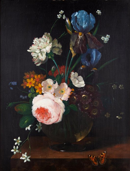 Nicolaes Van Verendael (1640-1691) Follower of - Bouquet of flowers in a glass vase with butterfly