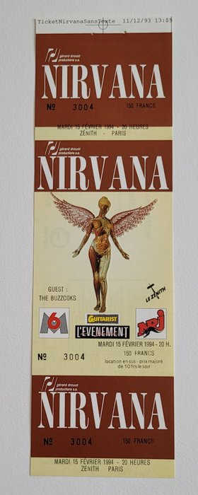 Nirvana - Officiel koncertbillet - Le Zenith Paris Frankrig - nr 3004 - Officiel (koncert)billet - 1994