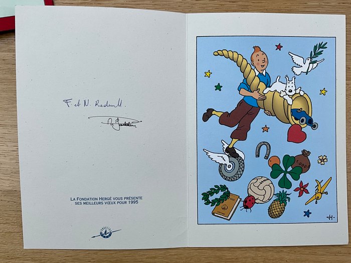 Hergé - Carte de vœux Fondation Hergé 1995 signée Fanny et Nick Rodwell + PH GODDIN