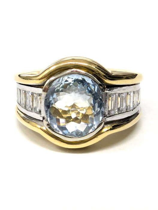 Ring - 18 kraat Gulguld, Hvidguld -  4.30ct. tw. Akvamarin - Diamant