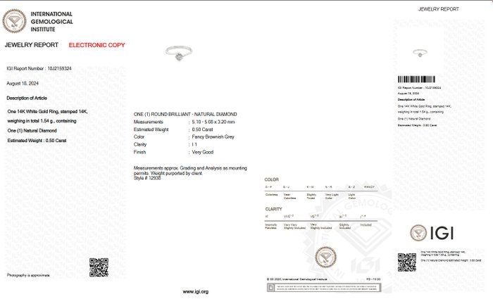 Ingen mindstepris - Ring - 14 karat Hvidguld -  0.50ct. tw. Grå Diamant (Naturfarvet) - IGI