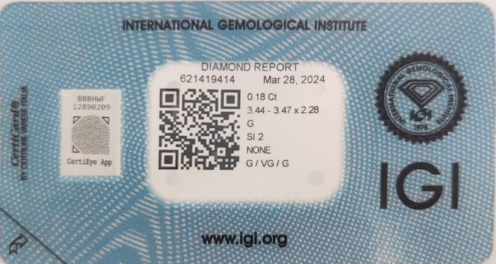 Ingen mindstepris - 1 pcs Diamant  (Natur)  - 0.18 ct - Rund - G - SI2 - International Gemological Institute (IGI)