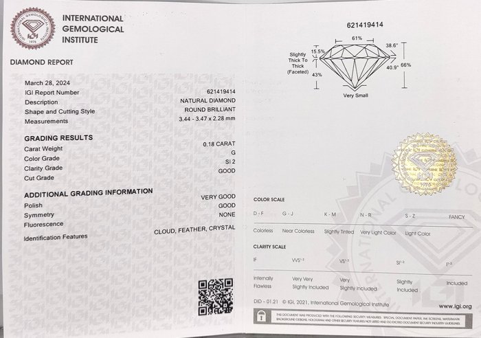 Ingen mindstepris - 1 pcs Diamant  (Natur)  - 0.18 ct - Rund - G - SI2 - International Gemological Institute (IGI)