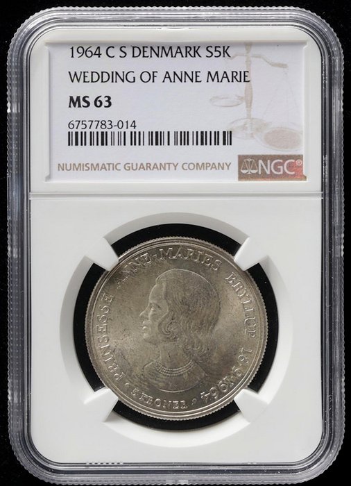 Danmark. 5 Kroner 1964 / Boda de la Princesa Anne-Marie 18 de septiembre de 1964 - NGC MS 63