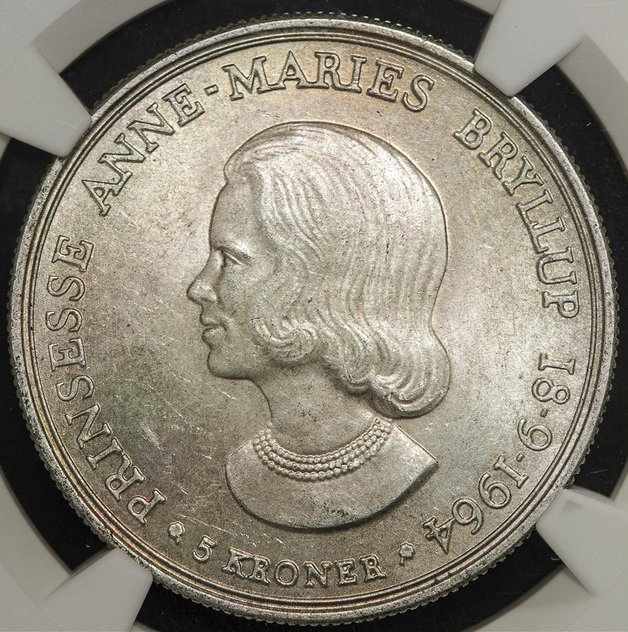 Danmark. 5 Kroner 1964 / Boda de la Princesa Anne-Marie 18 de septiembre de 1964 - NGC MS 63