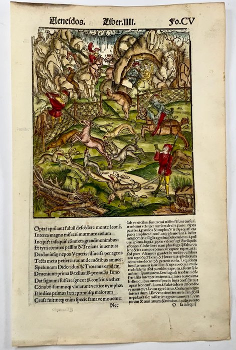 Master of the Gruninger School - Vergil 2 woodcuts, folio - Hunting Scene / Fama - 1517