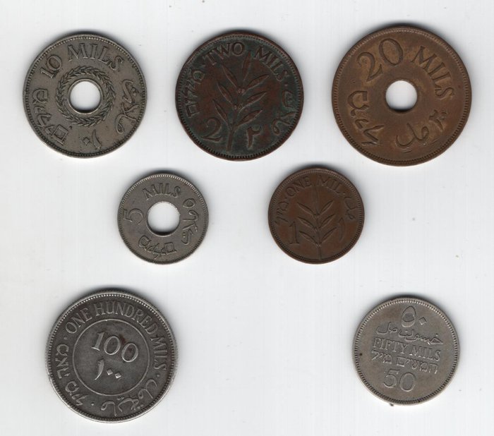 Det britiske mandat i Palæstina. Lot of 7 Coins 1927 - 1942  (Ingen mindstepris)