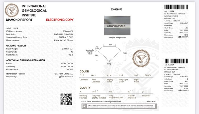 1 pcs Diamant  (Natur)  - 0.38 ct - Smaragd - G - VS2 - International Gemological Institute (IGI)