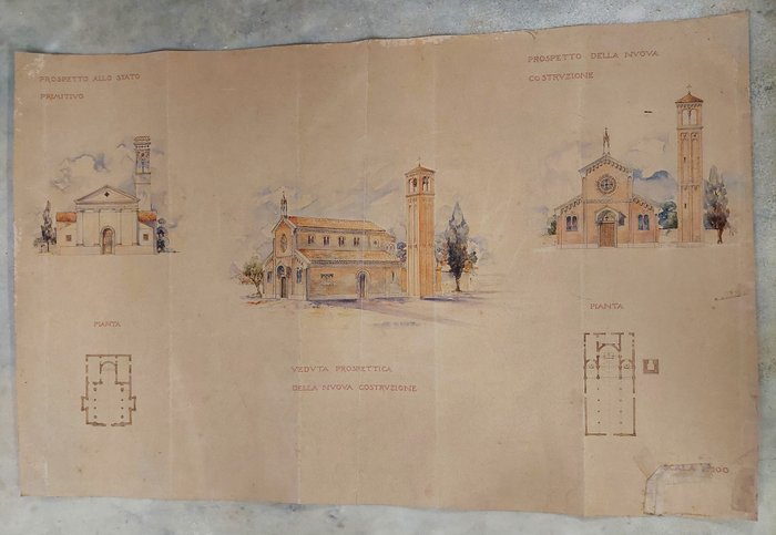 Dokument - Anonimo - Progetto architettonico e prospettico della chiesa di Castion (BL) - 1900