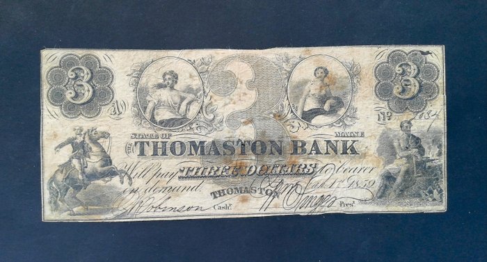 Amerikas Forenede Stater. - Obsolete Currency - 3 Dollars 1859 - The Thomaston Bank  (Ingen mindstepris)