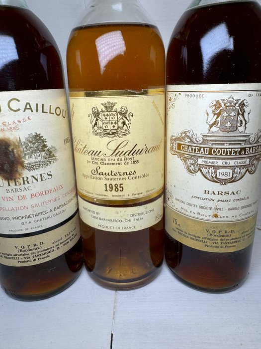 Sauternes: 1981 Château Coutet 1983 Château Caillou  1985 Château Suduiraut - Barsac Sauternes - 3 Flasker (075 L)