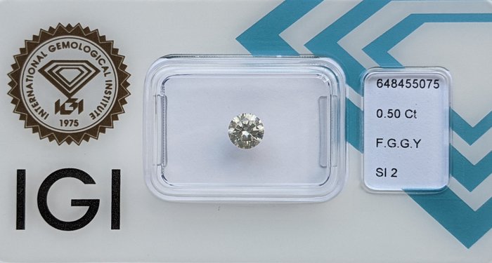 Ingen mindstepris - 1 pcs Diamant  (Naturfarvet)  - 0.50 ct - Rund - Fancy Grå, Grønlig Gul - SI2 - International Gemological Institute (IGI)