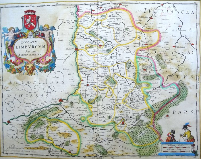 Holland - Limburg, Sydlimburg, Maastricht, Sittard, Vaals, Heerlen, Belgien, Liège, Tyskland, Aachen, Limburg; W. Blaeu / J. Blaeu - Ducatus Limburgum - 1621-1650